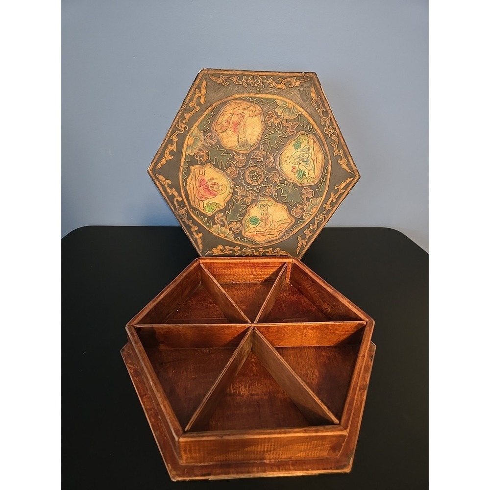 Antique Large Hexagonal Wooden Box Asian Hand Painted 6 Inside Compartments Rare